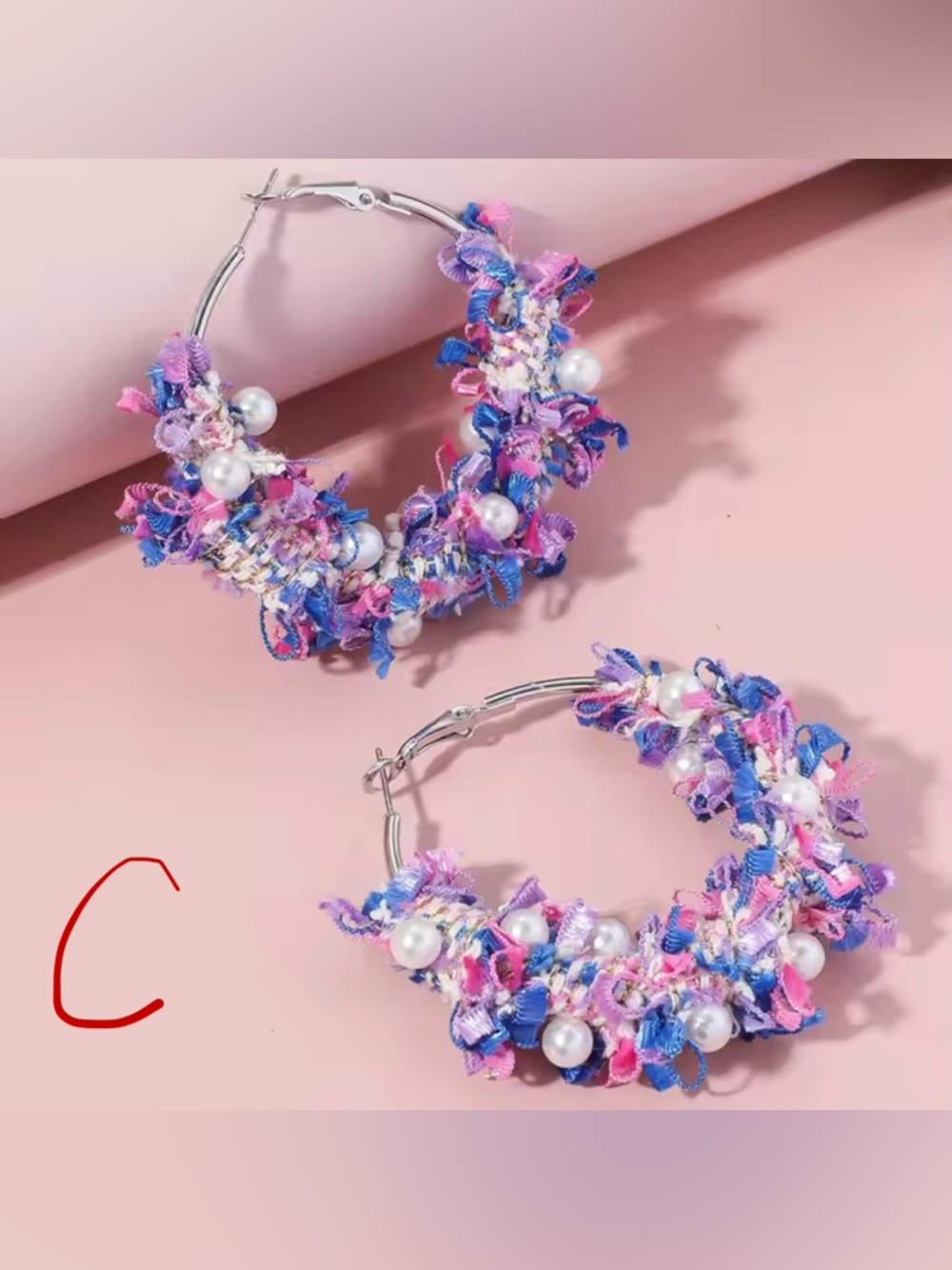flower pearls hoop earrings Pink / purple / gold / blue Floral Hoop Earrings